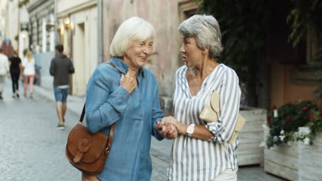 Zwei-Hübsche-Rentnerinnen-Mit-Grauem-Haar-Und-In-Schönen-Outfits,-Die-Durch-Die-Straßen-Der-Stadt-Gehen-Und-Sich-Fröhlich-Unterhalten