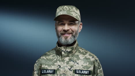 Portrait-Shot-Of-The-Handsome-Strong-And-Brave-Soldier-Of-Usa-Forces-Smiling-Joyfully-To-The-Camera