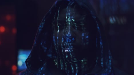 Close-Up-Of-The-Young-Guy-Hacker-In-A-Hood-Looking-Straight-To-The-Camera-With-Projected-Code-Numbers-And-Characters-On-His-Face-In-The-Dark-Room-Full-Of-Computers