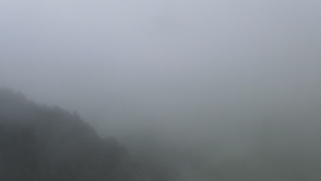Aerial-View-Of-A-Drone-Penetrating-A-Thick-Cloud-Over-A-Pine-Forest-In-The-Pyrenees