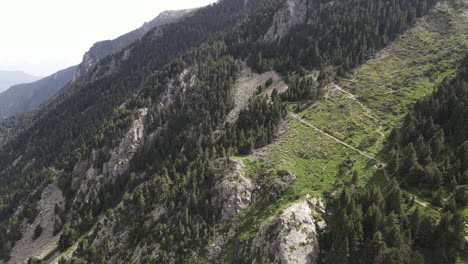 Aerial-Shot-Of-A-Drone-Flying-Backwards-Showing-The-Pine-Forest-On-The-Steep-Mountain-Of-The-Pyrenees