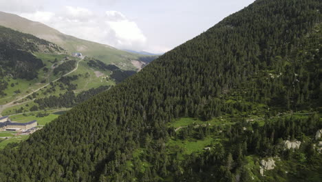 Aerial-Shot-Approaching-A-Mountainside-Where-A-Lush-Pine-Forest-Grows-In-The-Pyrenees