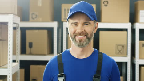 Portrait-Shot-Of-Handsome-Young-Male-Postman-Smiling-Cheerfully-To-Camera-In-Postal-Storage-Of-Parcels