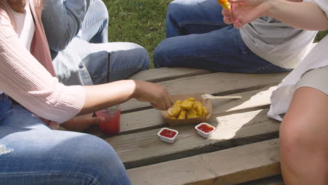 Group-Of-Multiethnic-Friends-Spending-Time-Together,-Eating-Delicious-Nuggets-And-Drinking-Refreshing-Juice,-Sitting-In-A-Wooden-Bench-In-A-Park