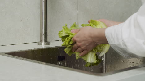 Nahaufnahme-Einer-Frau,-Die-Salat-In-Einer-Modernen-Küchenspüle-Wäscht