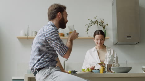 Laughing-Couple-Chatting-And-Having-Lunch-Together-In-A-Modern-Kitchen