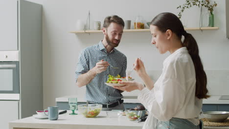 Glückliches-Vegetarisches-Paar,-Das-Eine-Gesunde-Mahlzeit-Isst-Und-In-Einer-Modernen-Küche-Steht