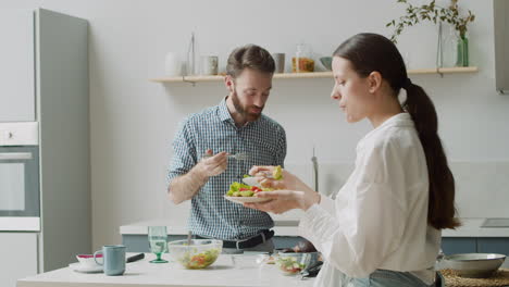 Happy-Vegetarian-Couple-Chatting-And-Eating-A-Healthy-Meal,-Standing-In-A-Modern-Style-Kitchen