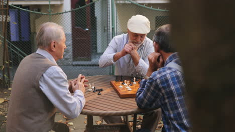 View-Over-The-Tree-On-The-Old-Three-Male-Friends-On-Retirement-Playing-Chess-At-The-Fresh-Air-In-The-Yard