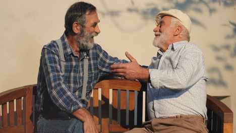 ältere-Männliche-Freunde-Oder-Nachbarn-Im-Ruhestand-Sitzen-Auf-Der-Bank-Im-Freien,-Lachen-Und-Plaudern-Auf-Einer-Sonne