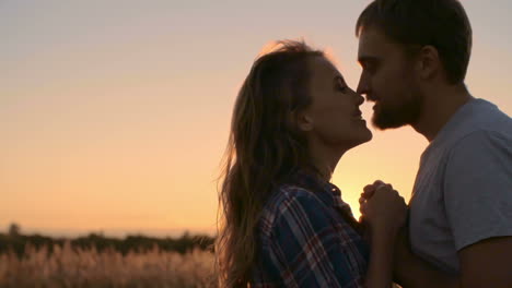 Couple-Holding-Hands-And-Kissing-In-A-Wheat-Field-At-Sunset