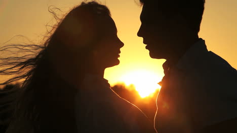 Side-View-Of-A-Backlit-Couple-Talking-Affectionately-In-A-Meadow-At-Sunset