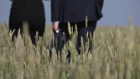 Close-Up-View-Of-A-Wheat-Field,-In-The-Background-A-Woman-And-A-Businessman-Walk-Away