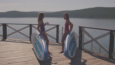 Zwei-Junge-Frauen-In-Badeanzügen-Unterhalten-Sich-Mit-Surfbrettern-Auf-Dem-Boden-Am-Strand
