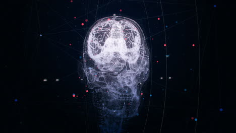 Animated-3D-View-Of-A-Skull-And-Brain-Of-Connected-Dots-On-Dotted-Black-Background