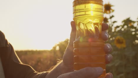 Hand-Holding-Plastic-Bottle-With-Fresh-Sunflower-Oil-Against-Sunflower-Field