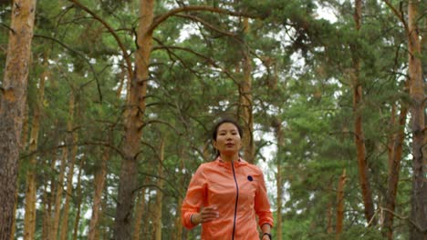 Sportliche-Frau,-Die-Im-Wald-Läuft