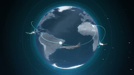 Three-Dimensional-View-Of-The-Earth-Rotating-With-Airplanes-Flying-Around-On-A-Dark-Background-With-Stars