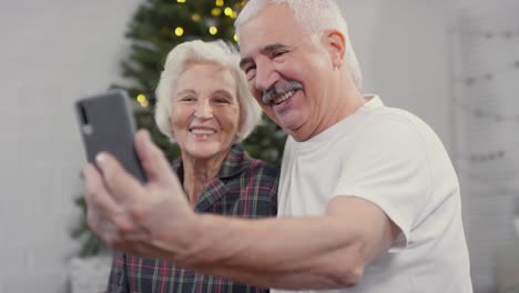 Happy-Senior-Couple-Taking-A-Selfie-Video-At-Home-On-Christmas