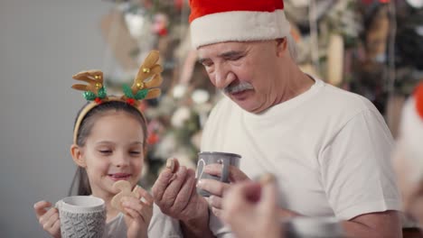 Glücklicher-Großvater-Und-Süßes-Kleines-Mädchen-In-Weihnachtsmütze-Und-Festlichem-Stirnband,-Das-Heiße-Schokolade-Trinkt-Und-Kekse-Isst,-Während-Sie-Am-Heiligabend-Mit-Der-Großmutter-Plaudert
