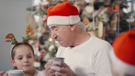 Glücklicher-Großvater-Und-Süßes-Kleines-Mädchen-In-Weihnachtsmütze-Und-Festlichem-Stirnband,-Das-Heiße-Schokolade-Trinkt-Und-Kekse-Isst,-Während-Sie-Mit-Großmutter-Am-Heiligabend-Plaudern-1