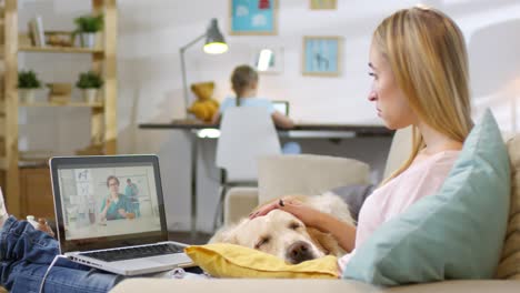 Ernsthafte-Frau,-Die-Auf-Dem-Sofa-Sitzt-Und-Einen-Kranken-Golden-Retriever-Hund-Streichelt,-Während-Sie-Sich-Per-Videoanruf-Auf-Dem-Laptop-Mit-Dem-Online-Tierarzt-Beraten-Lässt