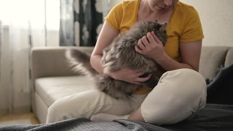 Woman-Sitting-On-Sofa-Petting-Her-Cute-Cat