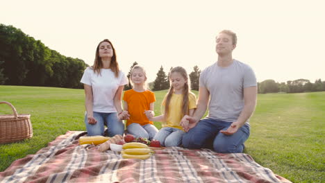 Glückliche-Eltern-Und-Töchter-Mit-Geschlossenen-Augen-Knien-Auf-Der-Wiese,-Halten-Sich-An-Den-Händen-Und-Meditieren-Während-Eines-Picknicks-Im-Park