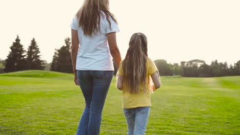 Back-View-Of-Mother-And-Little-Daughter-Holding-Hands-And-Walking-On-Green-Grass-Field-In-The-Park