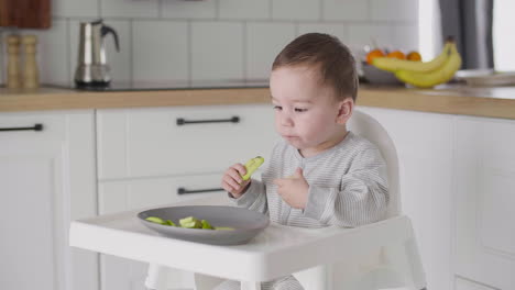 Cute-Baby-Boy-Eating-Banana-And-Avocado-Sitting-In-High-Chair-In-The-Kitchen