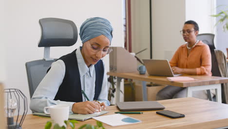 Nahaufnahme-Der-Muslimischen-Geschäftsfrau,-Die-Sich-Notizen-Macht,-Und-Geschäftsfrau-Im-Hintergrund
