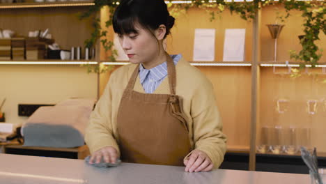 Waitress-Cleaning-Bar-Counter-With-Rag-While-Working-In-Coffee-Shop