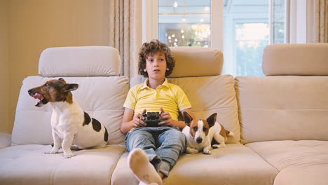 Blond-Boy-With-Curly-Hair-Playing-With-Remote-Control,-Next-To-Him-Are-Their-Dogs-Lying
