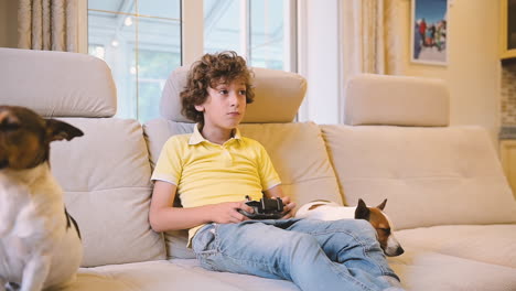 Blond-Boy-With-Curly-Hair-Playing-With-Remote-Control,-Next-To-Him-Are-Their-Dogs-Lying-1