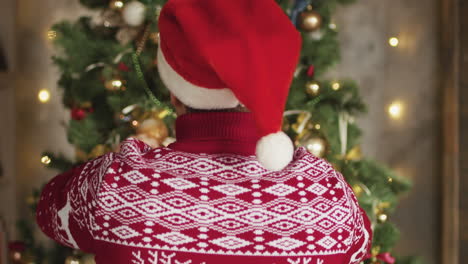 Rückansicht-Des-Mannes,-Der-Eine-Weihnachtsmütze-Trägt-Und-Den-Weihnachtsbaum-Zu-Hause-Schmückt
