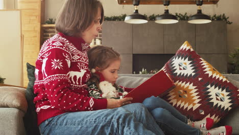 Lovely-Mother-Sitting-On-Couch-With-Adorable-Daughter-And-Reading-Her-Fairy-Tale-On-Christmas-Day-At-Home