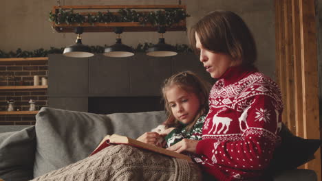 Schöne-Mutter-Sitzt-Mit-Entzückender-Tochter-Auf-Der-Couch-Und-Liest-Ihr-Märchen-Am-Weihnachtstag-Zu-Hause-1