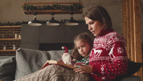 Schöne-Mutter-Sitzt-Mit-Entzückender-Tochter-Auf-Der-Couch-Und-Liest-Ihr-Märchen-Am-Weihnachtstag-Zu-Hause-2