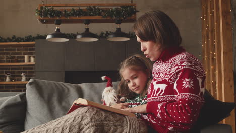 Schöne-Mutter-Sitzt-Mit-Entzückender-Tochter-Auf-Der-Couch-Und-Liest-Ihr-Märchen-Am-Weihnachtstag-Zu-Hause-4