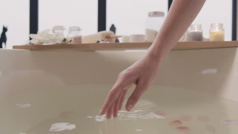 Close-Up-View-Of-WomanÂ¬Â¥S-Hands-Touching-Water-Of-A-Bathtub-With-Flowers