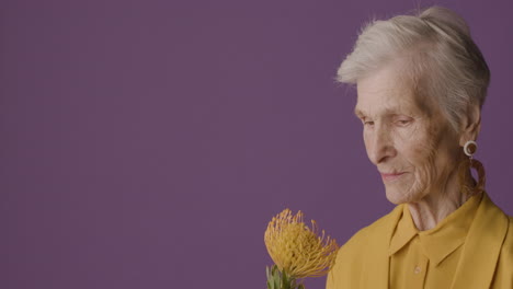Side-View-Of-Mature-Woman-With-Short-Hair-Wearing-Mustard-Colored-Shirt-And-Jacket-And-Earrings-Posing-Holding-A-Flower-On-Purple-Background