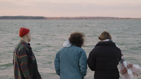 Rear-View-Of-Three-Friends-In-Winter-Clothes-Talking-On-A-Seashore-On-A-Windy-Day