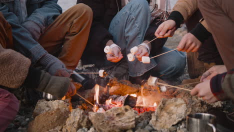 Close-Up-View-Of-Hands-Of-A-Group-Of-Teenage-Friends-Roasting-Marshmallows-On-The-Bonfire