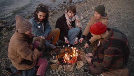 Top-View-Of-Hands-Of-A-Group-Of-Teenage-Friends-Roasting-Marshmallows-On-The-Bonfire