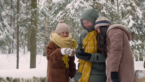 Vater,-Mutter-Und-Tochter-In-Winterkleidung,-Die-In-Einem-Verschneiten-Wald-Auf-Das-Smartphone-Schauen