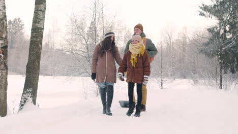 Mother-And-Daughter-Walk-Hand-In-Hand-In-A-Snowy-Forest-1