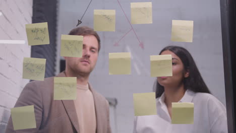 Businessman-And-Businesswoman-Brainstorming-With-Sticky-Notes-On-Glass-Window