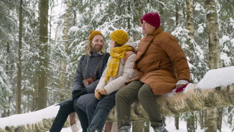 Three-Friends-Sitting-On-A-Tree-Trunk-Talking-And-Looking-Around-In-A-Snowy-Forest-1