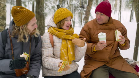Three-Friends-Sitting-On-A-Tree-Trunk-Talking-And-Eating-In-A-Snowy-Forest