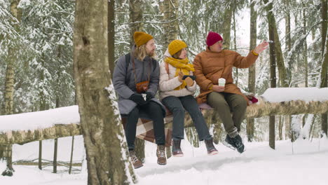 Three-Friends-Sitting-On-A-Tree-Trunk-Talking-And-Looking-Around-In-A-Snowy-Forest-2